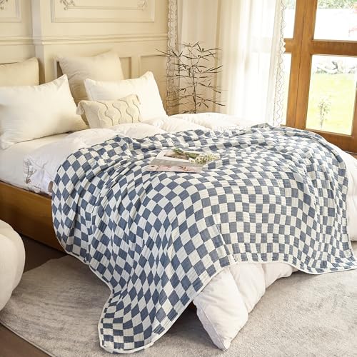 SANACYNA 6-Layer Gauze Muslin Blanket 100% Cotton Blue Checkerboard Queen Size 90"x90" Cooling Throw Blanket Lightweight Soft and Breathable Cozy Blanket Bed Coverlet Both Sides (Blue Checkerboard, Queen) - Image 5