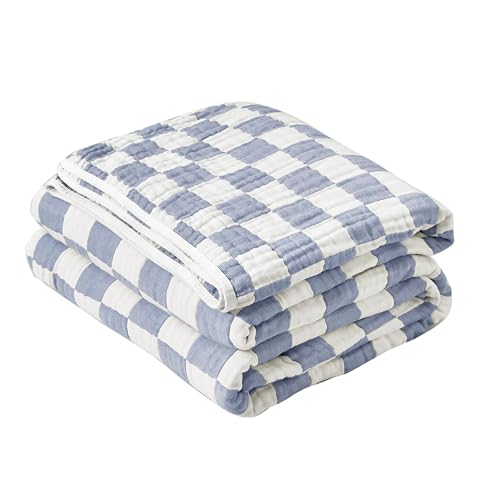 SANACYNA 6-Layer Gauze Muslin Blanket 100% Cotton Blue Checkerboard Queen Size 90"x90" Cooling Throw Blanket Lightweight Soft and Breathable Cozy Blanket Bed Coverlet Both Sides (Blue Checkerboard, Queen) - Image 2