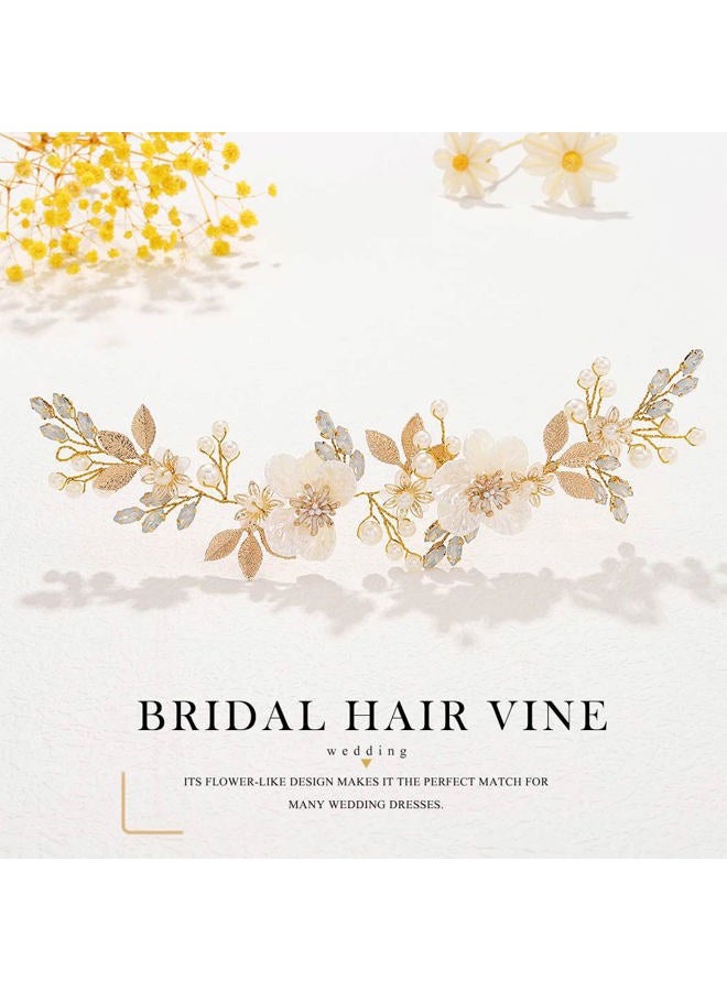 JONKY Flower Bridal Hair Vine Gold Leaf Headpiece Pearl Wedding Hair Accessories for Women - Image 2