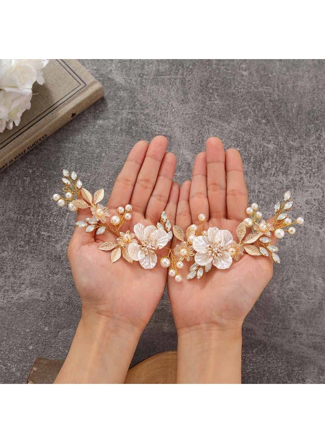 JONKY Flower Bridal Hair Vine Gold Leaf Headpiece Pearl Wedding Hair Accessories for Women - Image 4