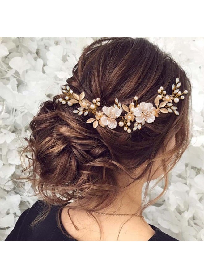 JONKY Flower Bridal Hair Vine Gold Leaf Headpiece Pearl Wedding Hair Accessories for Women - Image 3