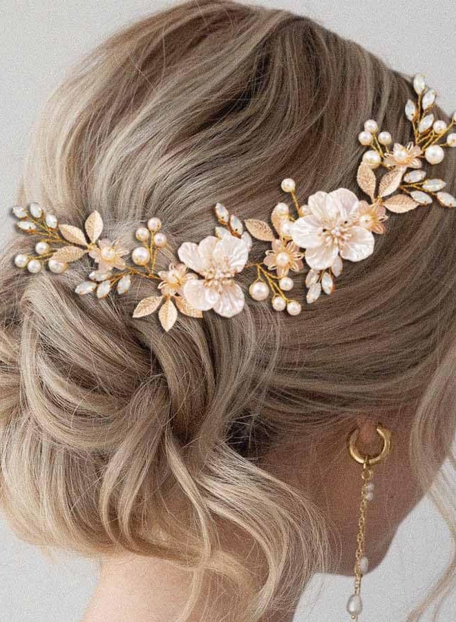 JONKY Flower Bridal Hair Vine Gold Leaf Headpiece Pearl Wedding Hair Accessories for Women - Image 1