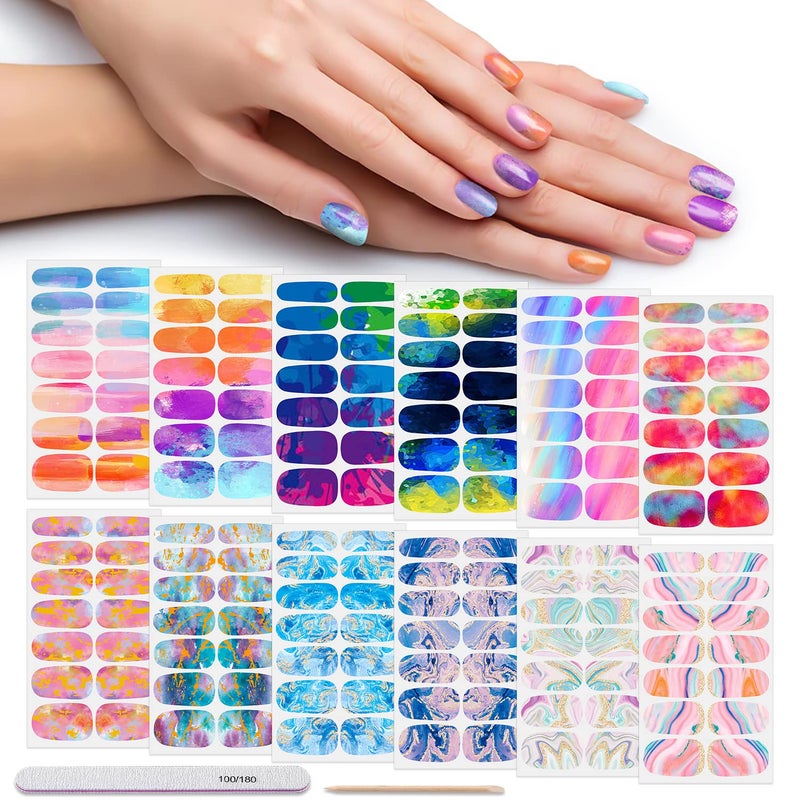 DANNEASY 12 Sheets Nail Wraps Womens Sticker Polish with Nail File Cuticle Stick Rainbow Style