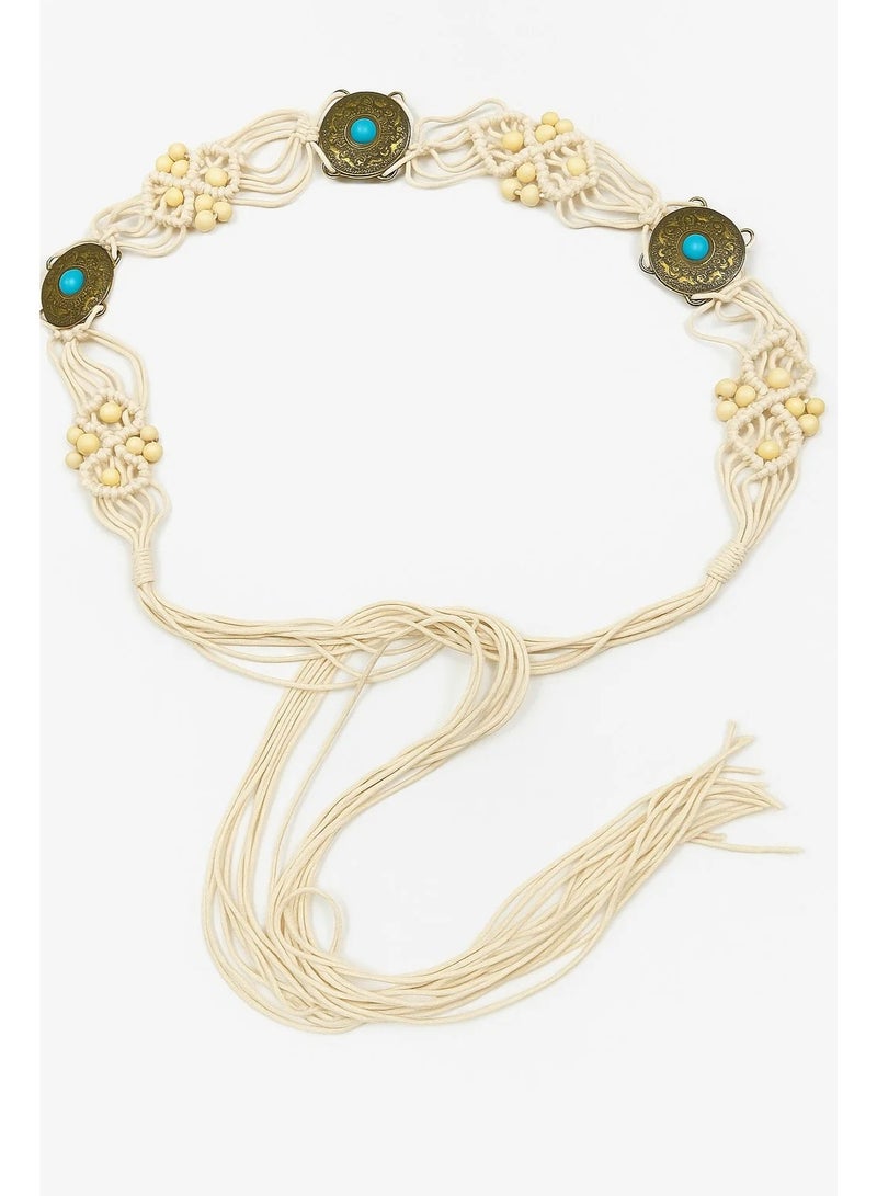 Vbranda Boho Macrame Waist Belt with Turquoise Beads U-24-BEIGE - Image 3