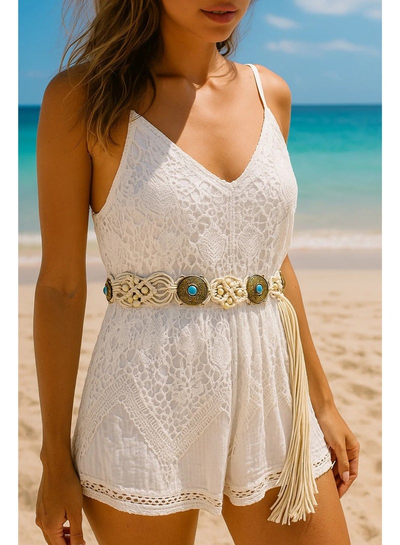 Vbranda Boho Macrame Waist Belt with Turquoise Beads U-24-BEIGE - Image 2