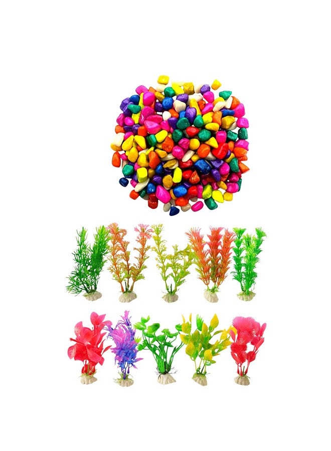 Aquarium Artificial Plastic Plant With Multicolour Stone Combo - (4Inch Plant-10Pcs + Stone-2Kg, Small) For Fish Tank, Garden Lawn, Home & Office Decor - Image 1