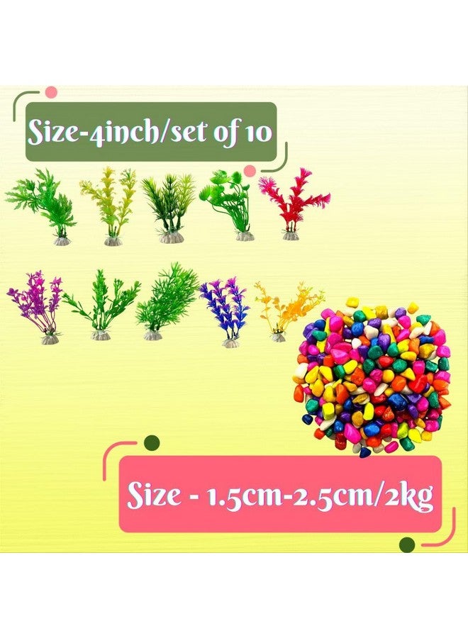 Aquarium Artificial Plastic Plant With Multicolour Stone Combo - (4Inch Plant-10Pcs + Stone-2Kg, Small) For Fish Tank, Garden Lawn, Home & Office Decor - Image 2