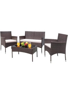 Sweet Furniture Sweet Retreat 4-Piece Outdoor Rattan Patio Set – Cozy Garden Chairs with Soft Cushions & Table (Glass-Free Design, Brown Beige). 