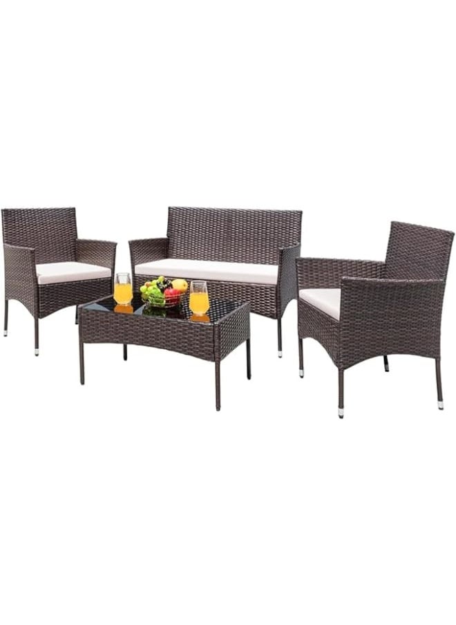 Sweet Furniture Sweet Retreat 4-Piece Outdoor Rattan Patio Set – Cozy Garden Chairs with Soft Cushions & Table (Glass-Free Design, Brown Beige). 