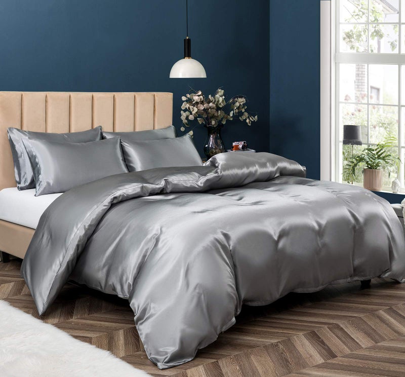 P Pothuiny 5 Pieces Satin Duvet Cover King Size Set, Luxury Silky Like Grey Duvet Cover Bedding Set with Zipper Closure, 1 Duvet Cover + 4 Pillow Cases (No Comforter) - Image 1