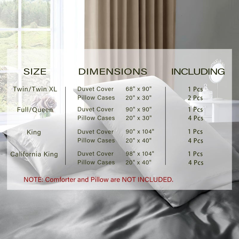 P Pothuiny 5 Pieces Satin Duvet Cover King Size Set, Luxury Silky Like Grey Duvet Cover Bedding Set with Zipper Closure, 1 Duvet Cover + 4 Pillow Cases (No Comforter) - Image 2