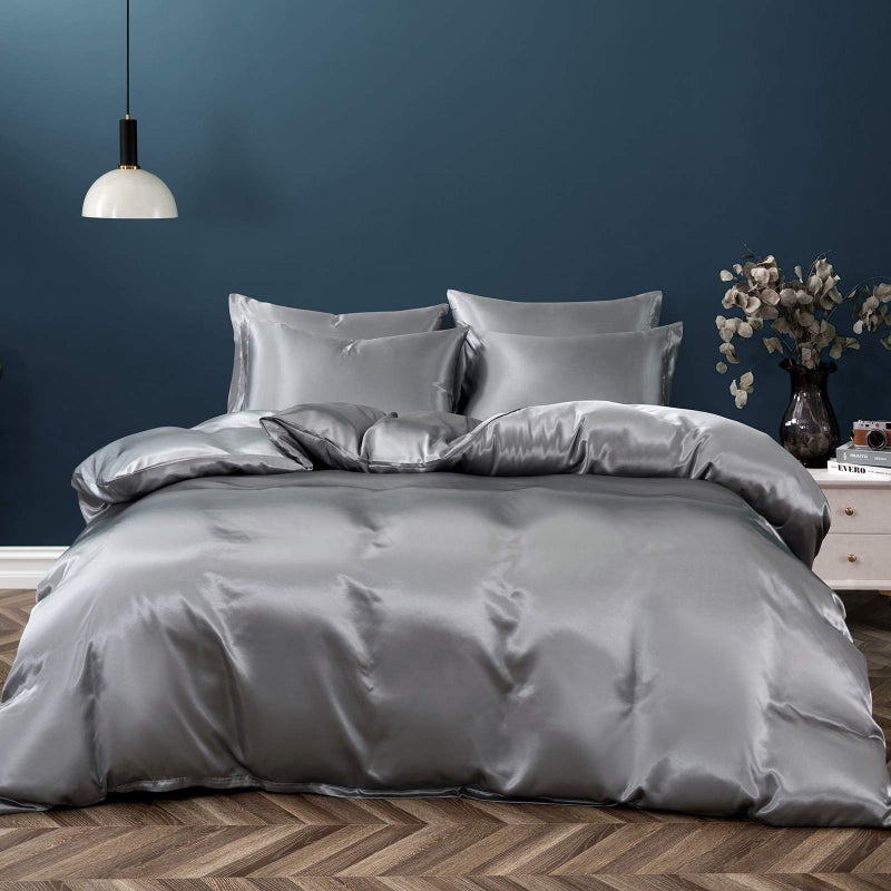 P Pothuiny 5 Pieces Satin Duvet Cover King Size Set, Luxury Silky Like Grey Duvet Cover Bedding Set with Zipper Closure, 1 Duvet Cover + 4 Pillow Cases (No Comforter) - Image 3