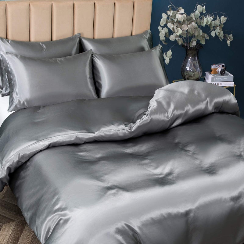 P Pothuiny 5 Pieces Satin Duvet Cover King Size Set, Luxury Silky Like Grey Duvet Cover Bedding Set with Zipper Closure, 1 Duvet Cover + 4 Pillow Cases (No Comforter) - Image 4