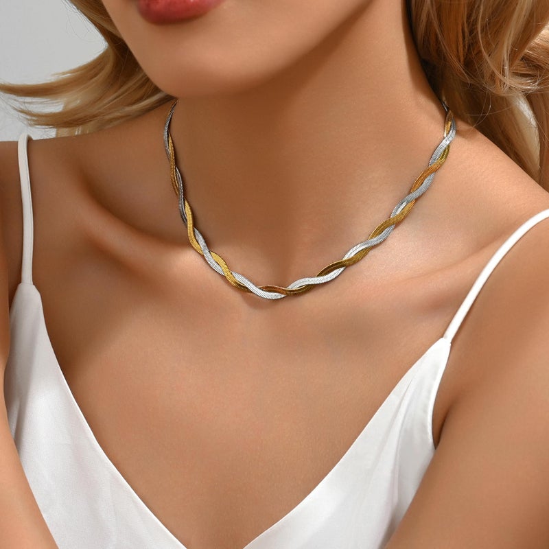 Mauzew Herringbone Snake Chain Necklace for Women Two Colored Double Braided Twisted Herringbone Choker Dainty Layering Jewelry - Image 2
