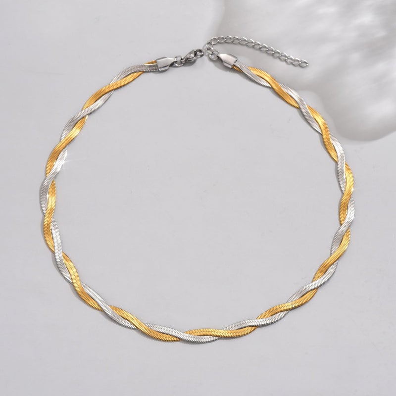 Mauzew Herringbone Snake Chain Necklace for Women Two Colored Double Braided Twisted Herringbone Choker Dainty Layering Jewelry - Image 5
