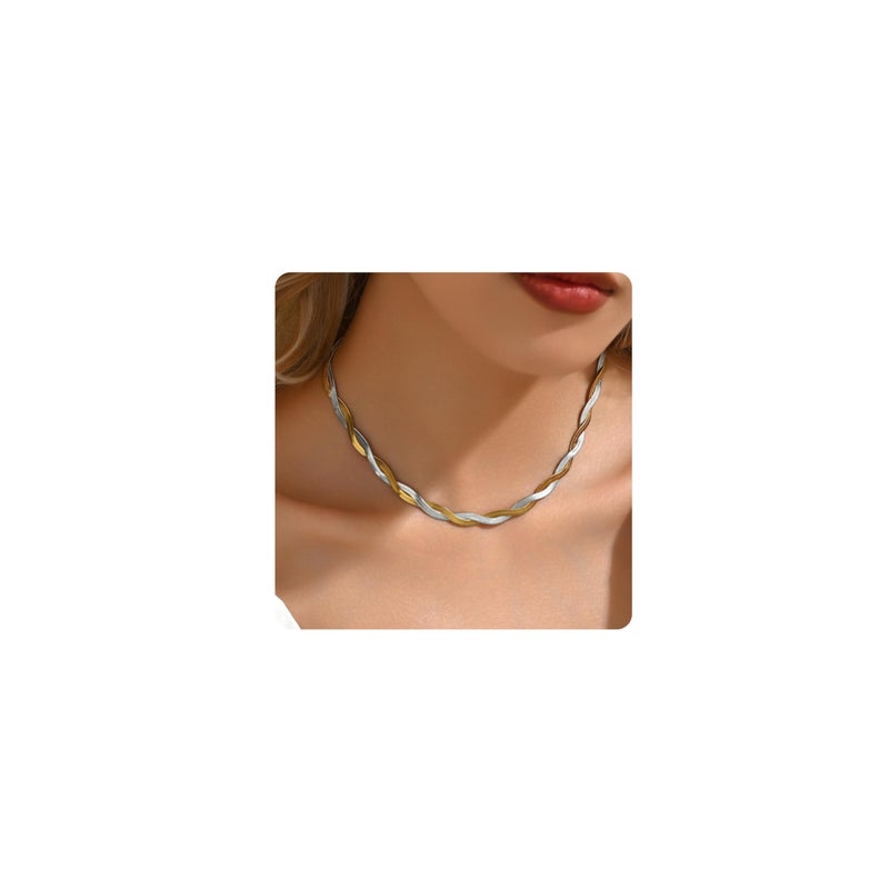 Mauzew Herringbone Snake Chain Necklace for Women Two Colored Double Braided Twisted Herringbone Choker Dainty Layering Jewelry - Image 1