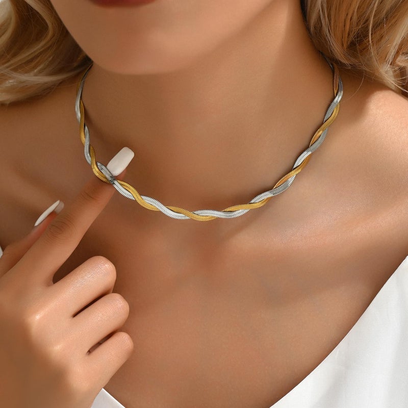 Mauzew Herringbone Snake Chain Necklace for Women Two Colored Double Braided Twisted Herringbone Choker Dainty Layering Jewelry - Image 3
