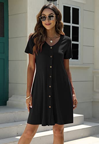Manydress Women's Summer Casual T Shirt Short Sleeve Button Down Swing Dress with Pockets MY035 (Black, M) - Image 5