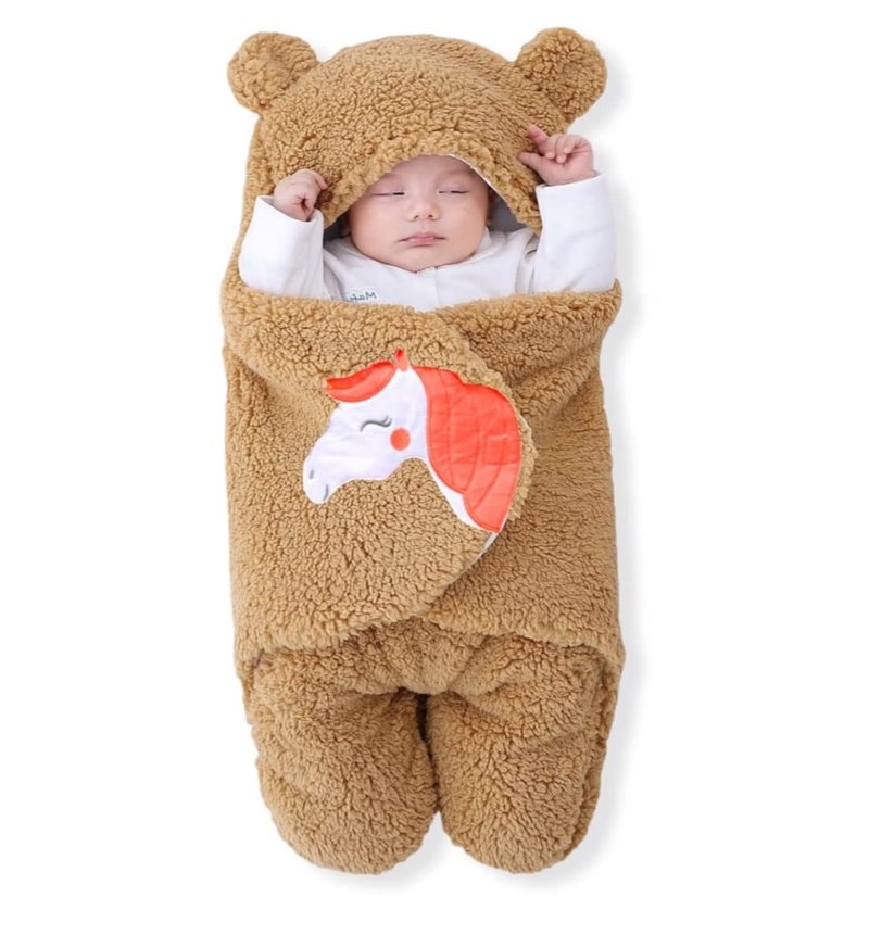 BRANDONN Baby Blankets New Born Pack of Hooded Supersoft Wearable Unicorn Wrapper Cum Baby Sleeping Bag for Babies (70 cm x 76 cm, 0-6 Months) Fleece, Beige - Image 1