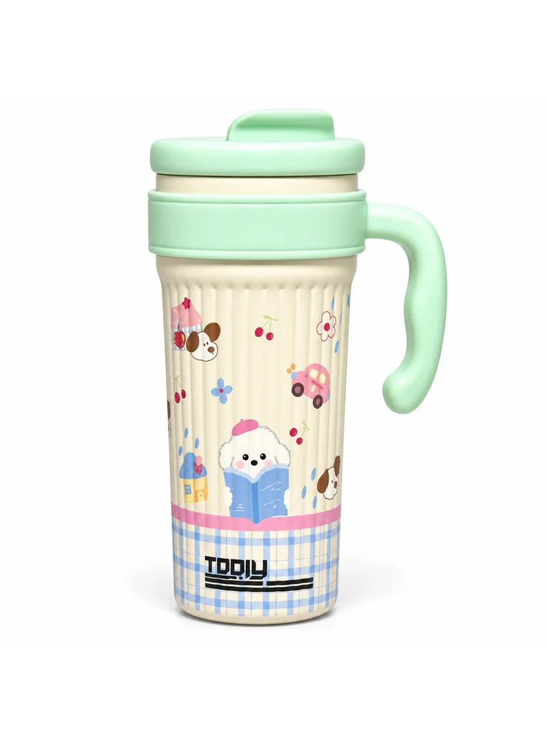 Tooly 750ml Stainless Steel Vacuum Insulated Thermal Flask Mug with Handle & Straw – Double Wall Hot & Cold Cute Dog Cartoon Travel Tumbler, BPA Free, Cup Holder Friendly (Light Green / Pistachio)
