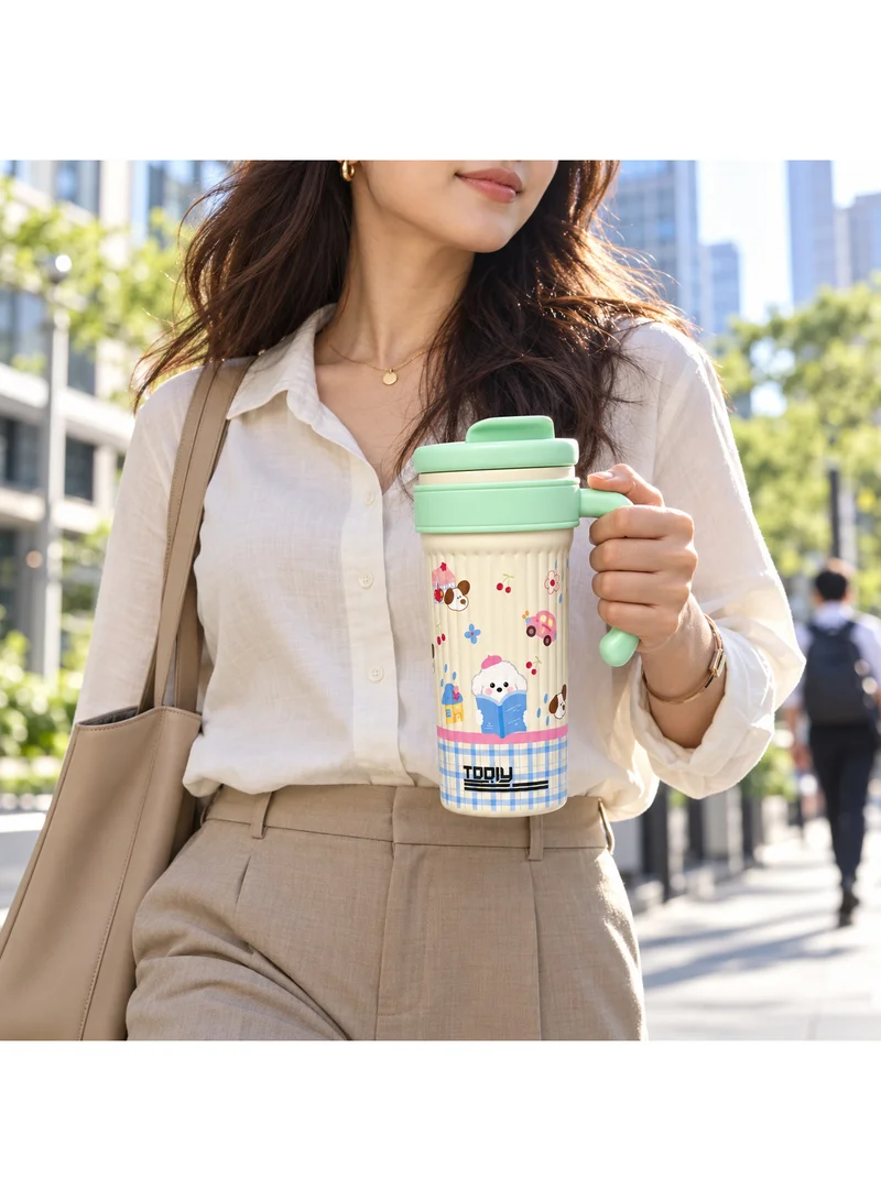 Tooly 750ml Stainless Steel Vacuum Insulated Thermal Flask Mug with Handle & Straw – Double Wall Hot & Cold Cute Dog Cartoon Travel Tumbler, BPA Free, Cup Holder Friendly (Light Green / Pistachio)