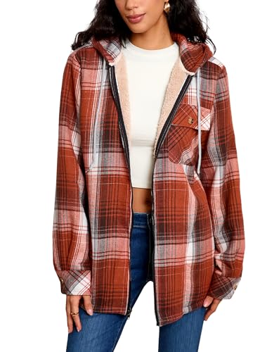 Elesuit Women's Full Zip Fleece Flannel Jacket Plaid Hooded Jackets Sherpa Lind Hoodies for Women Orange X-Large - Image 2