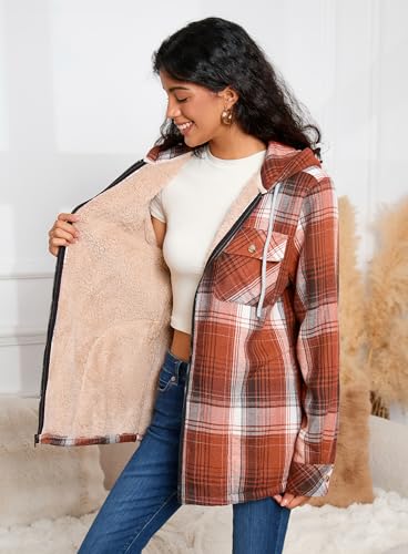 Elesuit Women's Full Zip Fleece Flannel Jacket Plaid Hooded Jackets Sherpa Lind Hoodies for Women Orange X-Large - Image 3