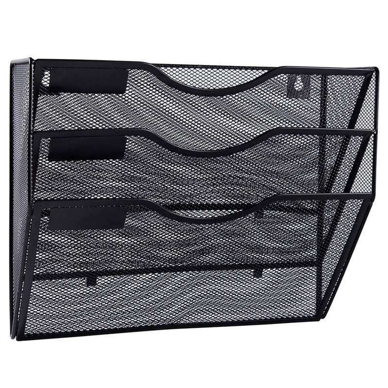 EASEPRES 3 Pocket Mesh Hanging Wall File Organizer Wall Mounted Mail Paper Document Folder Holder Clipboard Storage Organization Magazine Rack with Nametag Label for Office Home School Black