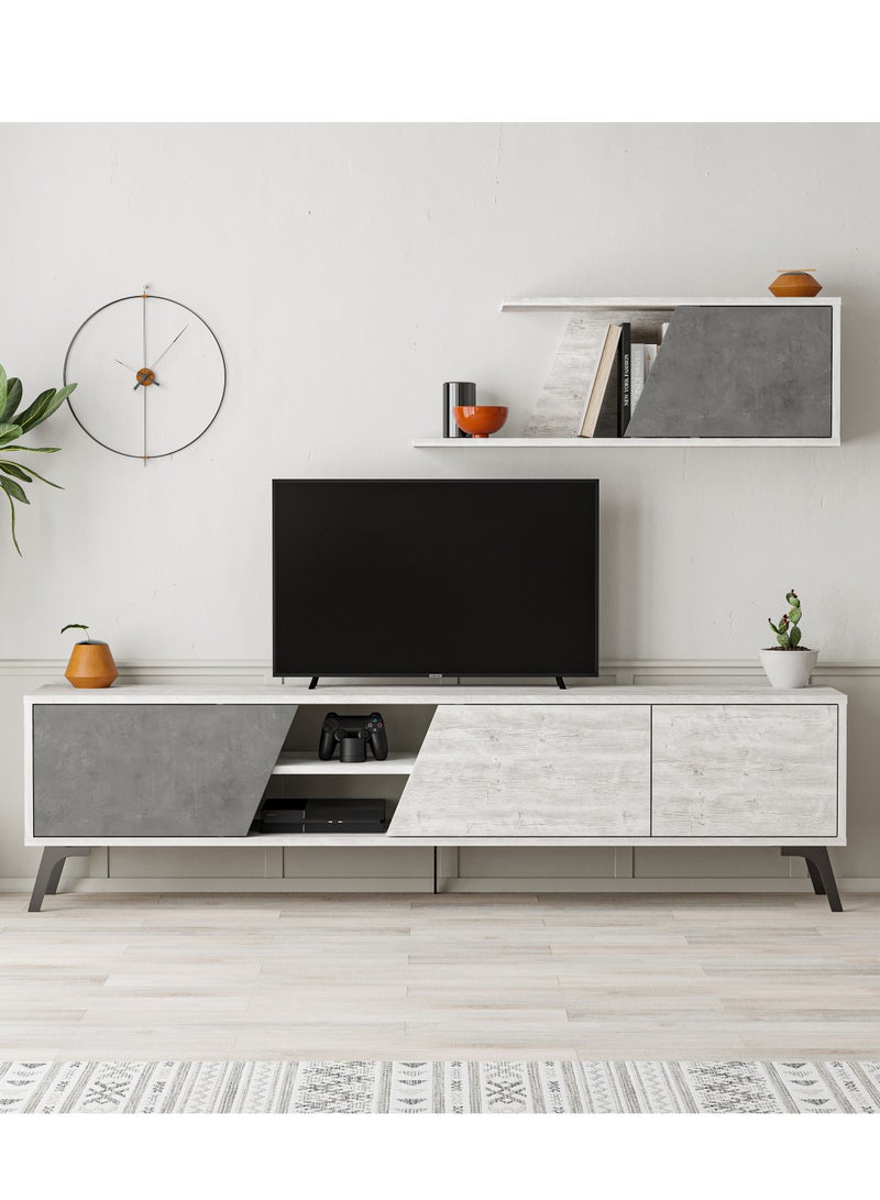 Mourah Home Fiona Tv Unit Up To 70'' Inch Tvs With Shelf 3Door And 2Tier Storage | Tv Cabinet For Living Room| 180X35.6X48 Cm| White Retro Grey  - Image 1
