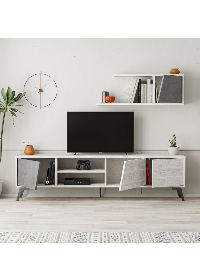 Mourah Home Fiona Tv Unit Up To 70'' Inch Tvs With Shelf 3Door And 2Tier Storage | Tv Cabinet For Living Room| 180X35.6X48 Cm| White Retro Grey  - Image 3