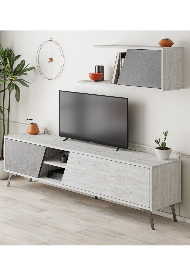 Mourah Home Fiona Tv Unit Up To 70'' Inch Tvs With Shelf 3Door And 2Tier Storage | Tv Cabinet For Living Room| 180X35.6X48 Cm| White Retro Grey  - Image 2