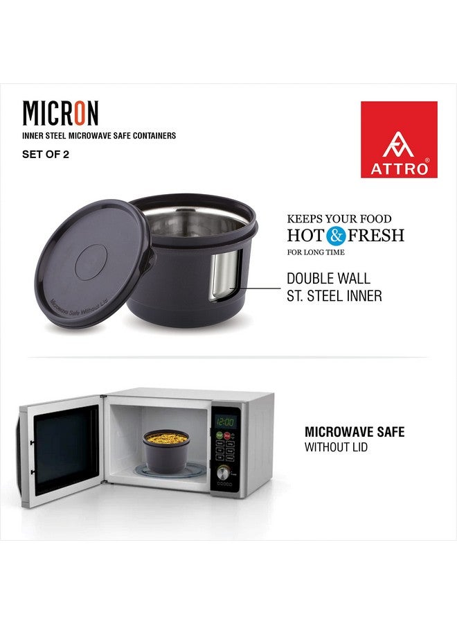 Attro Set of 2 Micron Stainless Steel Double Wall Storage Containers Airtight & Leak Proof Containers for Office Use, School, Picnic, 550 ml - Black - Image 2