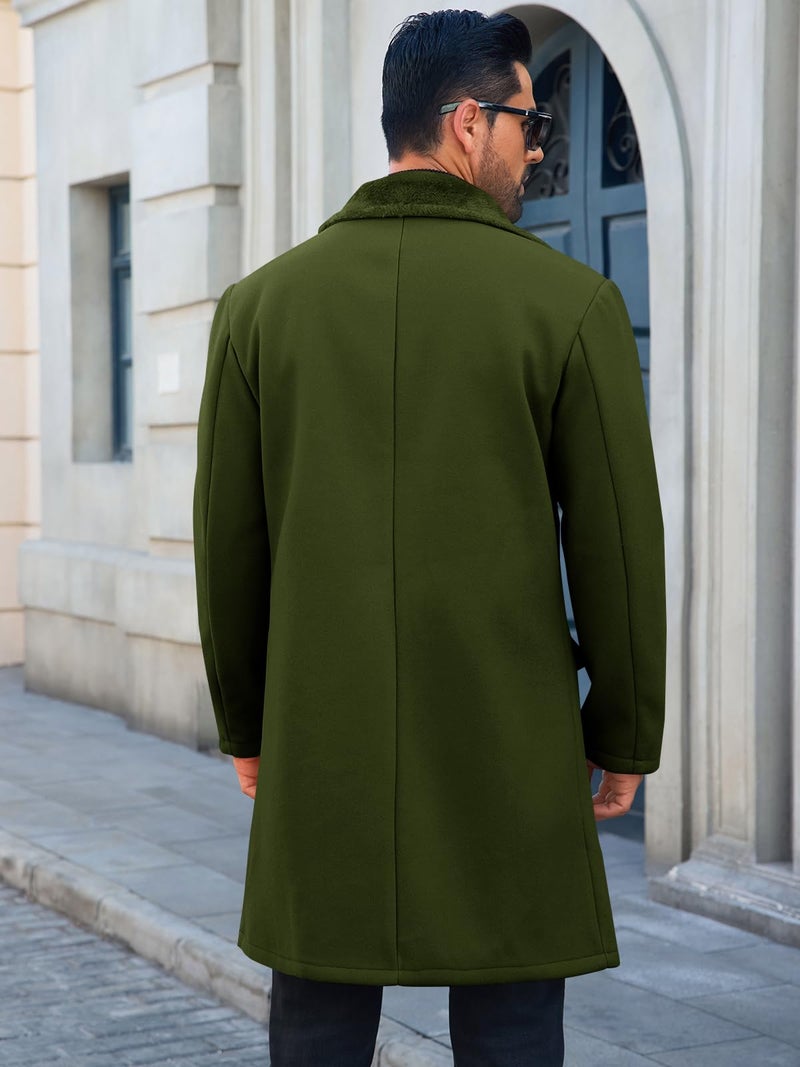 Runcati Mens Trench Coat Double Breasted Notched Collar Fleece Jacket Slim Fit Fall Winter Fuzzy Pea Coats Warm Overcoat - Image 3