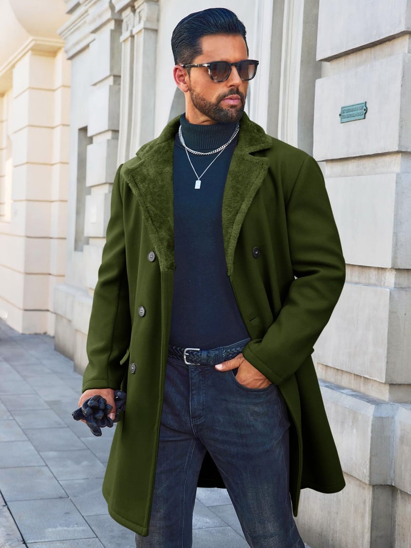 Runcati Mens Trench Coat Double Breasted Notched Collar Fleece Jacket Slim Fit Fall Winter Fuzzy Pea Coats Warm Overcoat - Image 2