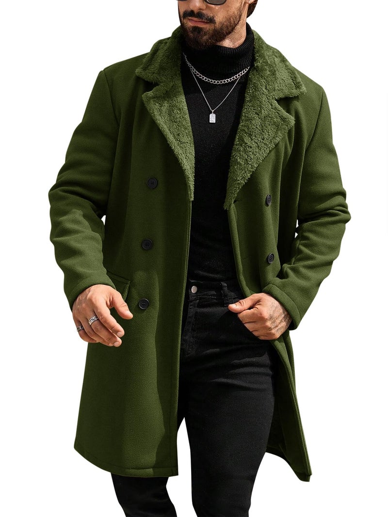 Runcati Mens Trench Coat Double Breasted Notched Collar Fleece Jacket Slim Fit Fall Winter Fuzzy Pea Coats Warm Overcoat - Image 1