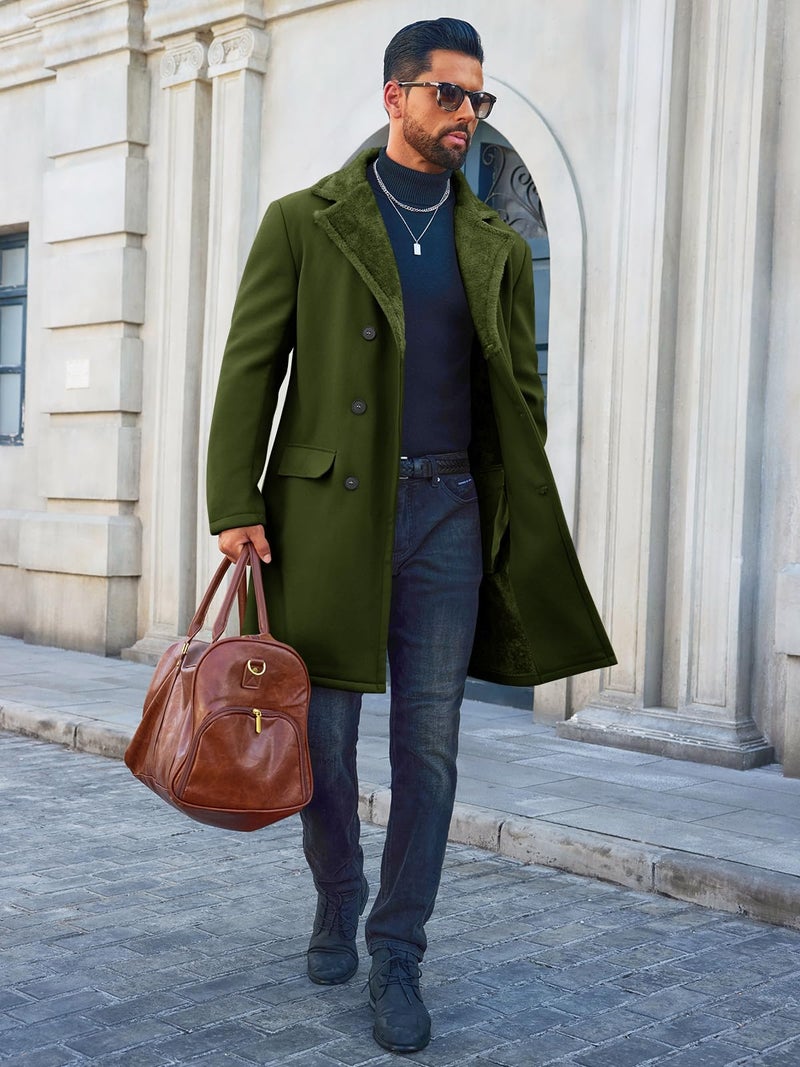 Runcati Mens Trench Coat Double Breasted Notched Collar Fleece Jacket Slim Fit Fall Winter Fuzzy Pea Coats Warm Overcoat - Image 4