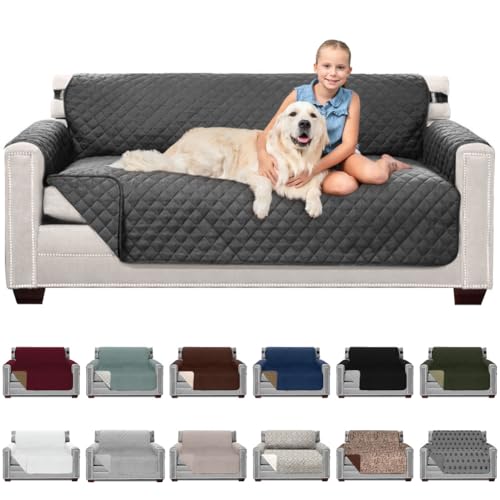 Sofa Shield Couch Slip Cover with Patented Strap, Cushion Protector, US Designed Reversible Stain and Dog Tear Resistant Slipcover, 70 inch Seat, Washable Covers for Dogs Pets Kids, Charcoal - Image 1