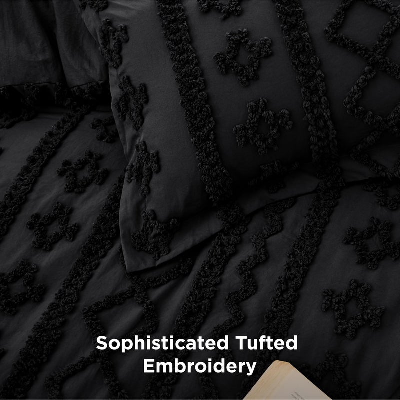Bedsure Tufted Boho Comforter Set King Size - Black Boho Bed Set, GentleSoftâ„¢ 3 Pieces Farmhouse Shabby Chic Embroidery Bedding, Gifts for Woman, Soft Jacquard King Comforter for All Seasons - Image 3