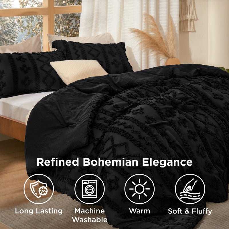 Bedsure Tufted Boho Comforter Set King Size - Black Boho Bed Set, GentleSoftâ„¢ 3 Pieces Farmhouse Shabby Chic Embroidery Bedding, Gifts for Woman, Soft Jacquard King Comforter for All Seasons - Image 4