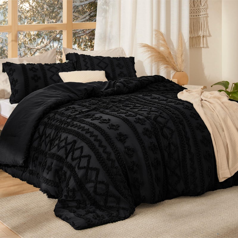 Bedsure Tufted Boho Comforter Set King Size - Black Boho Bed Set, GentleSoftâ„¢ 3 Pieces Farmhouse Shabby Chic Embroidery Bedding, Gifts for Woman, Soft Jacquard King Comforter for All Seasons - Image 2