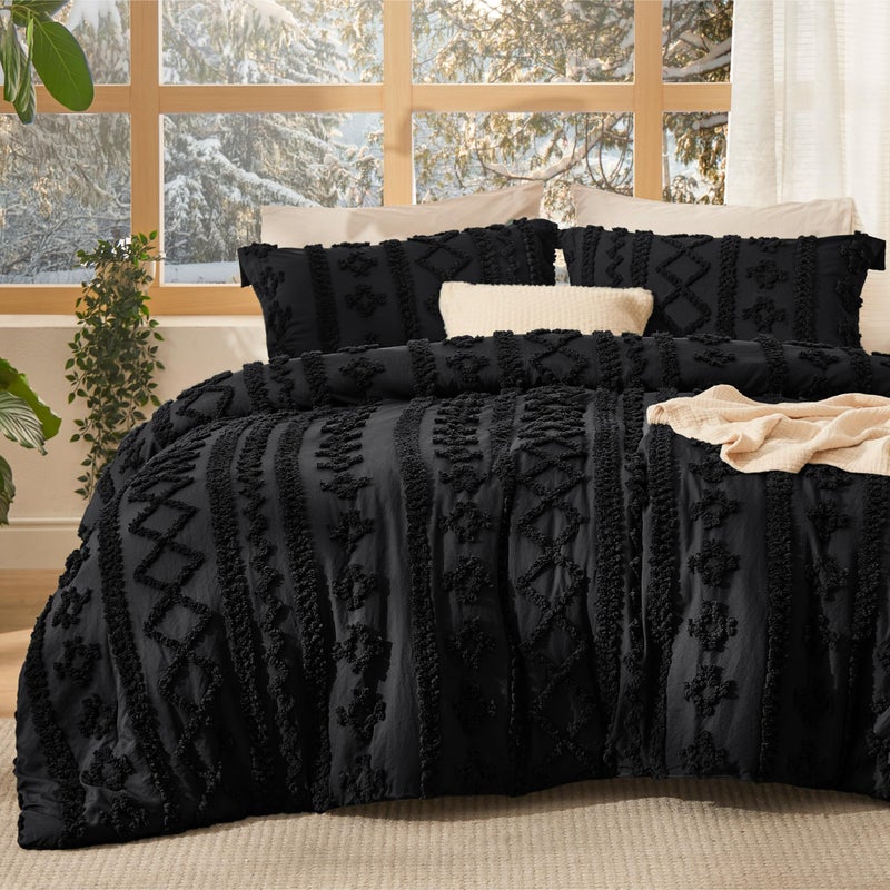 Bedsure Tufted Boho Comforter Set King Size - Black Boho Bed Set, GentleSoftâ„¢ 3 Pieces Farmhouse Shabby Chic Embroidery Bedding, Gifts for Woman, Soft Jacquard King Comforter for All Seasons - Image 1