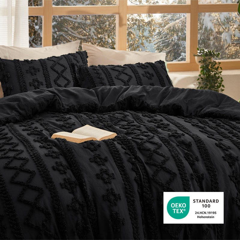 Bedsure Tufted Boho Comforter Set King Size - Black Boho Bed Set, GentleSoftâ„¢ 3 Pieces Farmhouse Shabby Chic Embroidery Bedding, Gifts for Woman, Soft Jacquard King Comforter for All Seasons - Image 5
