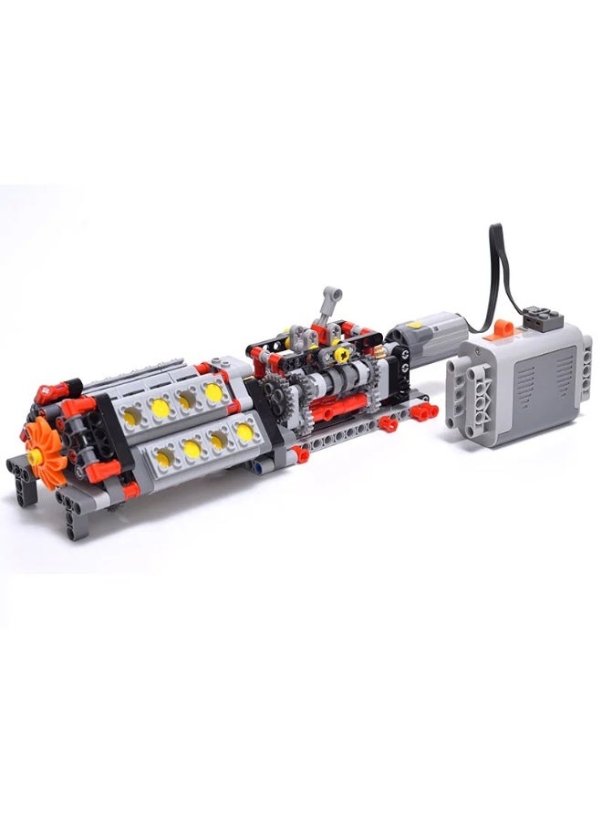 V16 Engine & 6-Speed Transmission Building Blocks Model, Motorized MOC Mechanical Engineering Kit, STEM Educational Toy Compatible with Technic Bricks - Image 1