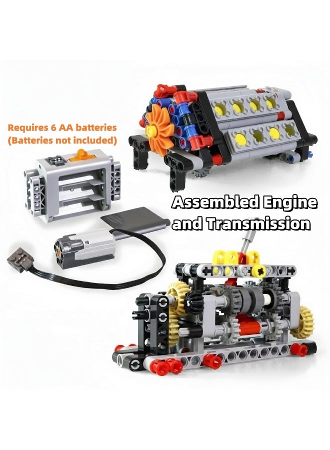 V16 Engine & 6-Speed Transmission Building Blocks Model, Motorized MOC Mechanical Engineering Kit, STEM Educational Toy Compatible with Technic Bricks - Image 5