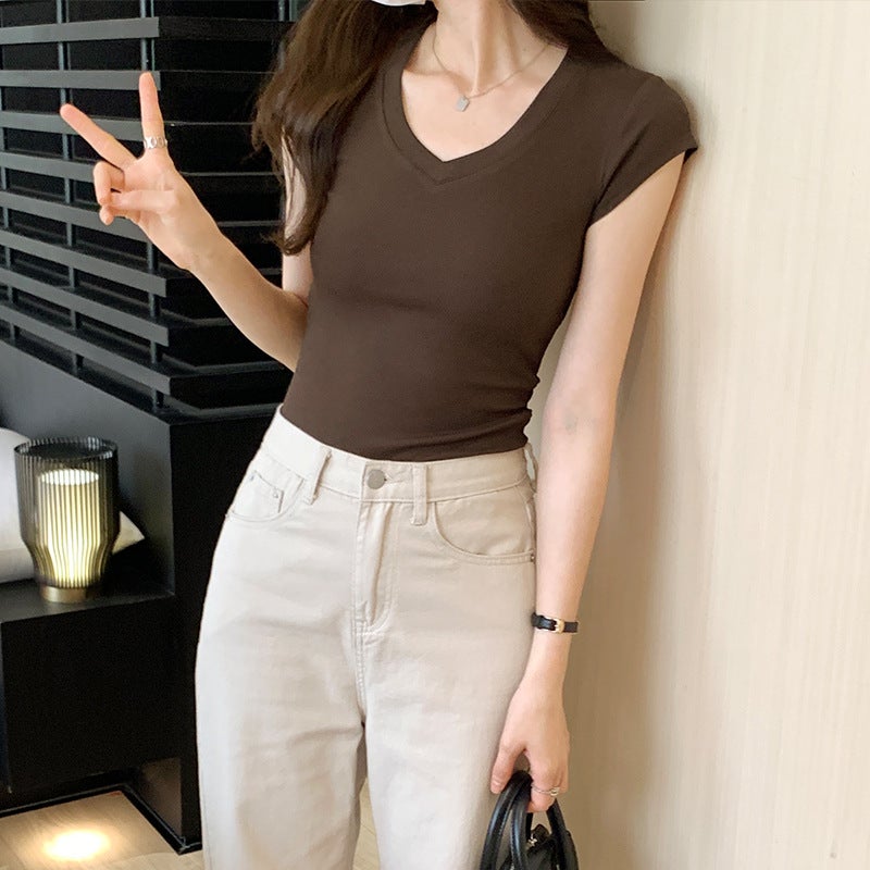 Real-S Korean-Style Casual Simple All-Match Slim-Fit Solid Color V-Neck Short-Sleeved T-Shirt Women'S Elastic Slim-Fit - Image 4