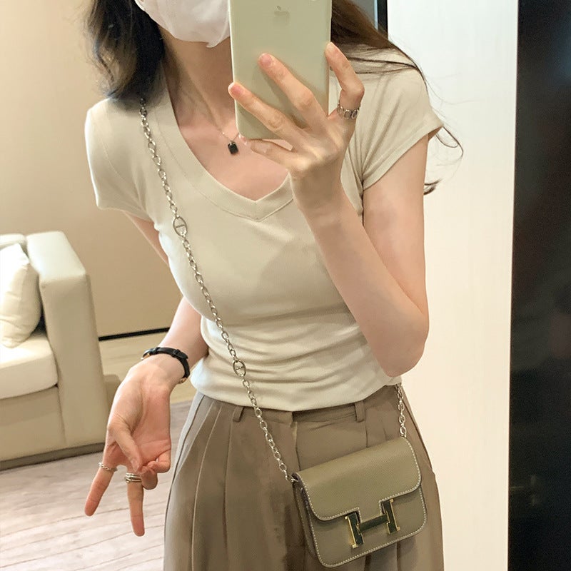 Real-S Korean-Style Casual Simple All-Match Slim-Fit Solid Color V-Neck Short-Sleeved T-Shirt Women'S Elastic Slim-Fit - Image 2