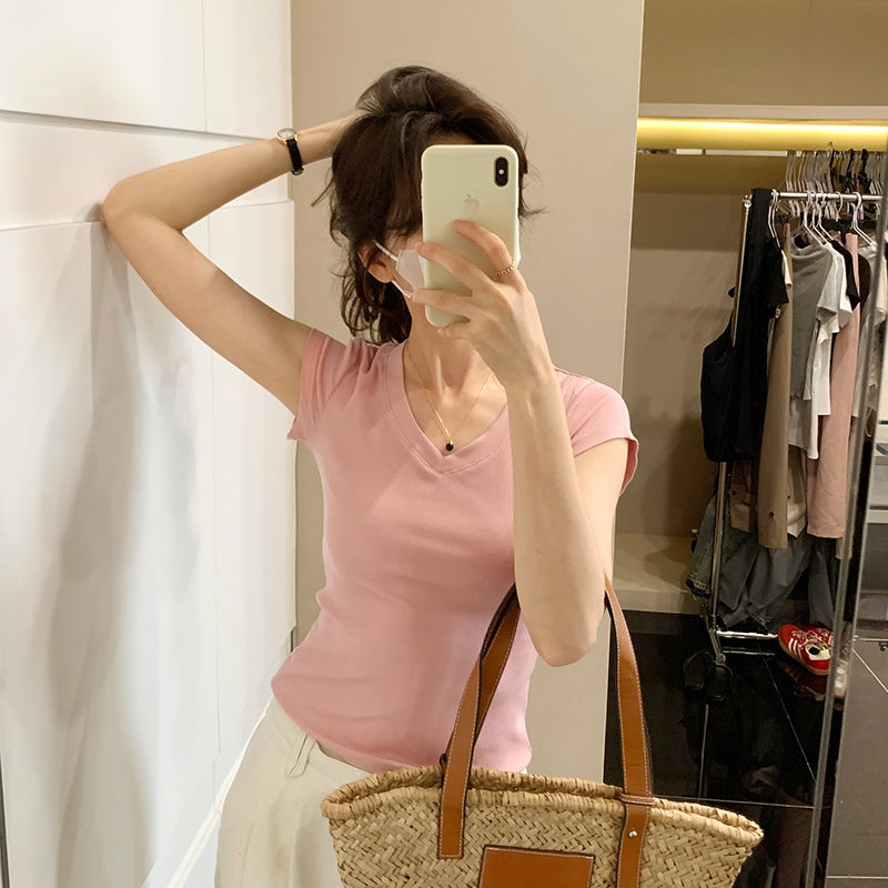 Real-S Korean-Style Casual Simple All-Match Slim-Fit Solid Color V-Neck Short-Sleeved T-Shirt Women'S Elastic Slim-Fit - Image 3