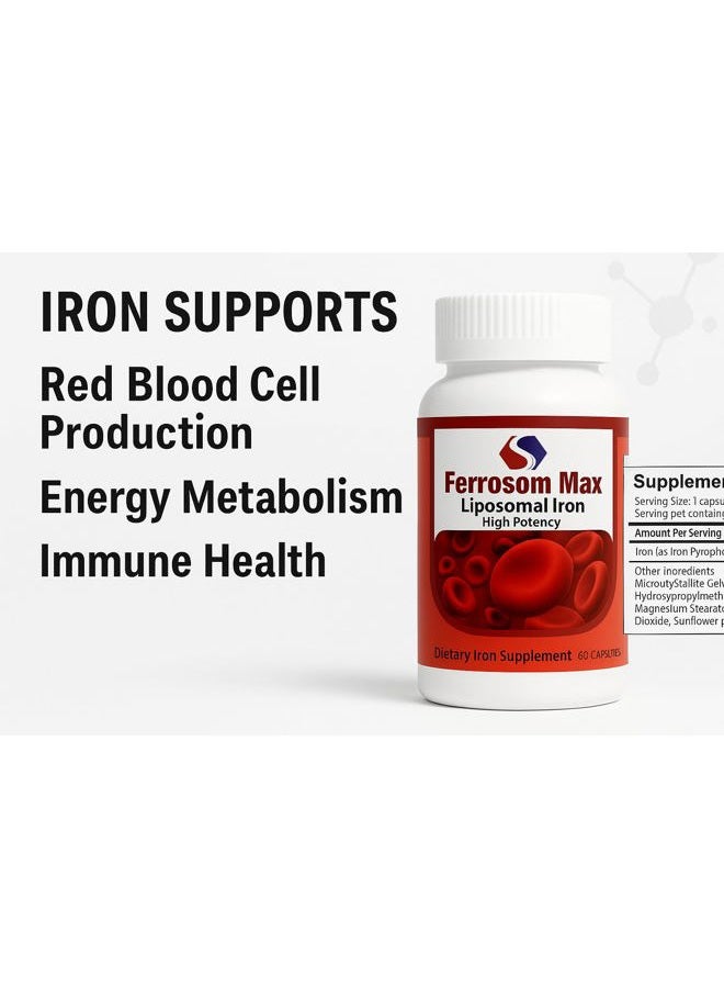 Ferrosom Max Liposomal Iron Supplement 60 Capsules (45mg Pure Elemental Iron) by Siba Pharm | Maximum Absorption Formula | Non GMO, Vegan, Premium Quality | Helps New Blood Cell Production. - Image 2