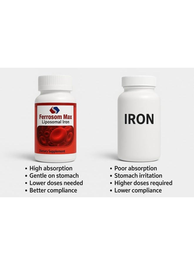 Ferrosom Max Liposomal Iron Supplement 60 Capsules (45mg Pure Elemental Iron) by Siba Pharm | Maximum Absorption Formula | Non GMO, Vegan, Premium Quality | Helps New Blood Cell Production. - Image 4