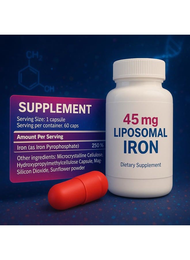 Ferrosom Max Liposomal Iron Supplement 60 Capsules (45mg Pure Elemental Iron) by Siba Pharm | Maximum Absorption Formula | Non GMO, Vegan, Premium Quality | Helps New Blood Cell Production. - Image 3